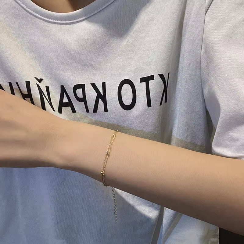Fashionable 925 Sterling Silver Gold Small round Bead Bracelet for Women'S Retro Double-Layer Bracelet Birthday Jewelry Gift