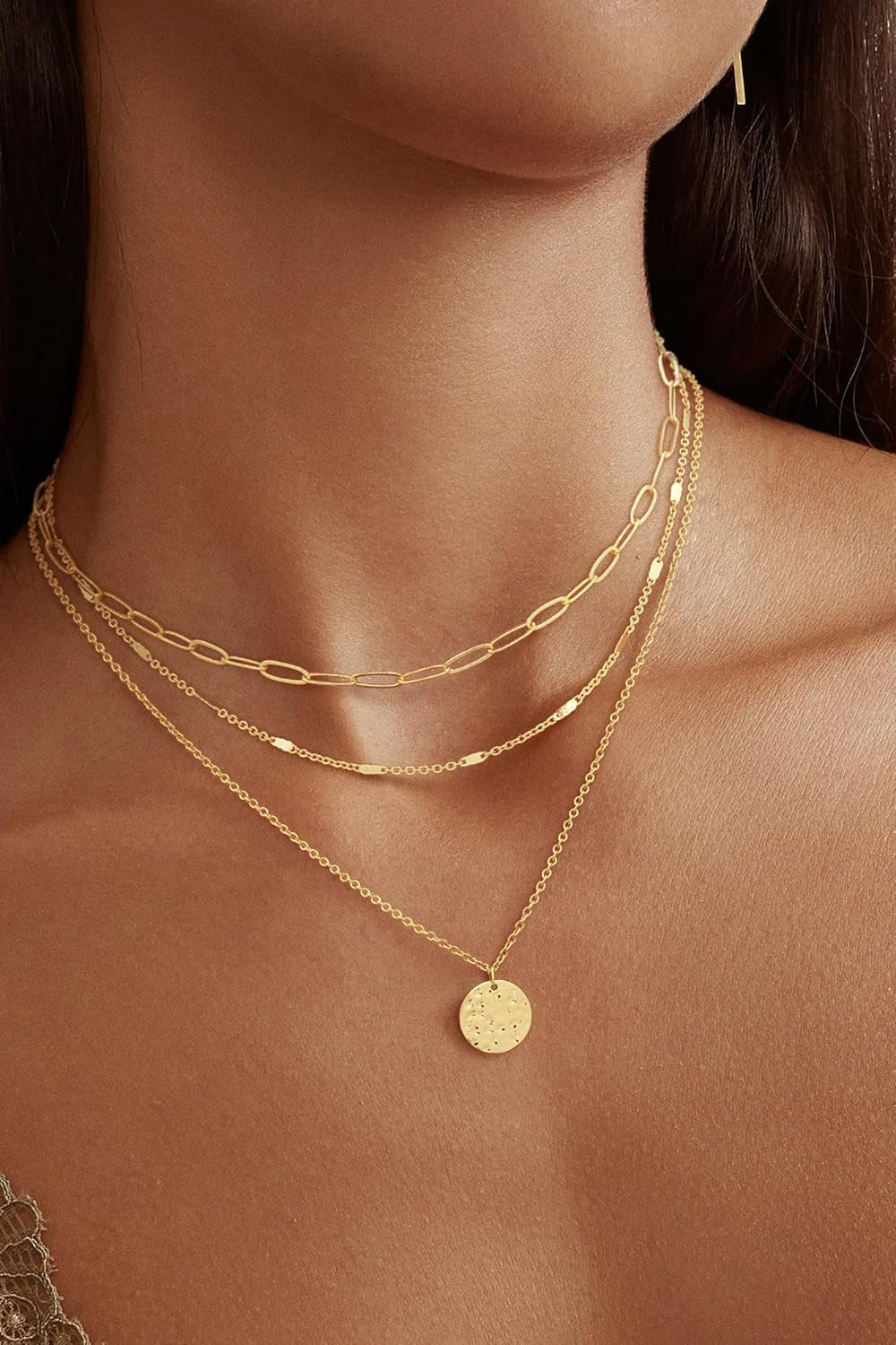 Layered Gold Necklace for Women, 14K Gold Plated Necklace Stack for Women, Dainty Adjustable Gold Necklace Set