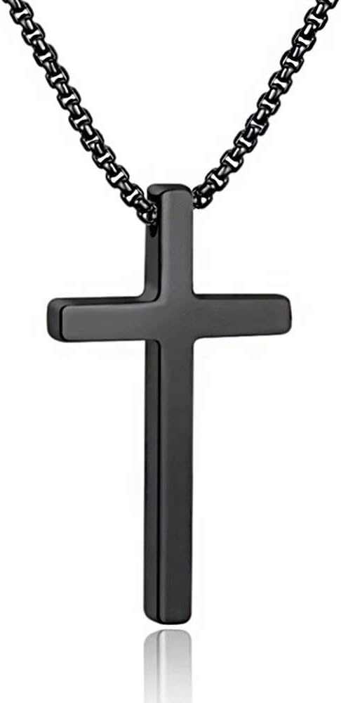 Cross Necklace for Men, Silver Black Gold Stainless Steel Plain Cross Pendant Necklace for Men Box Chain 16-30 Inch