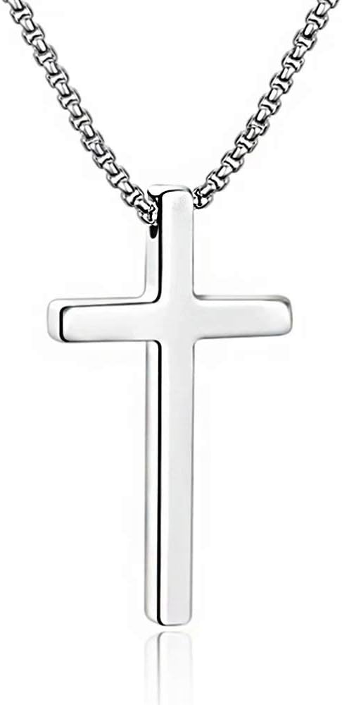 Cross Necklace for Men, Silver Black Gold Stainless Steel Plain Cross Pendant Necklace for Men Box Chain 16-30 Inch