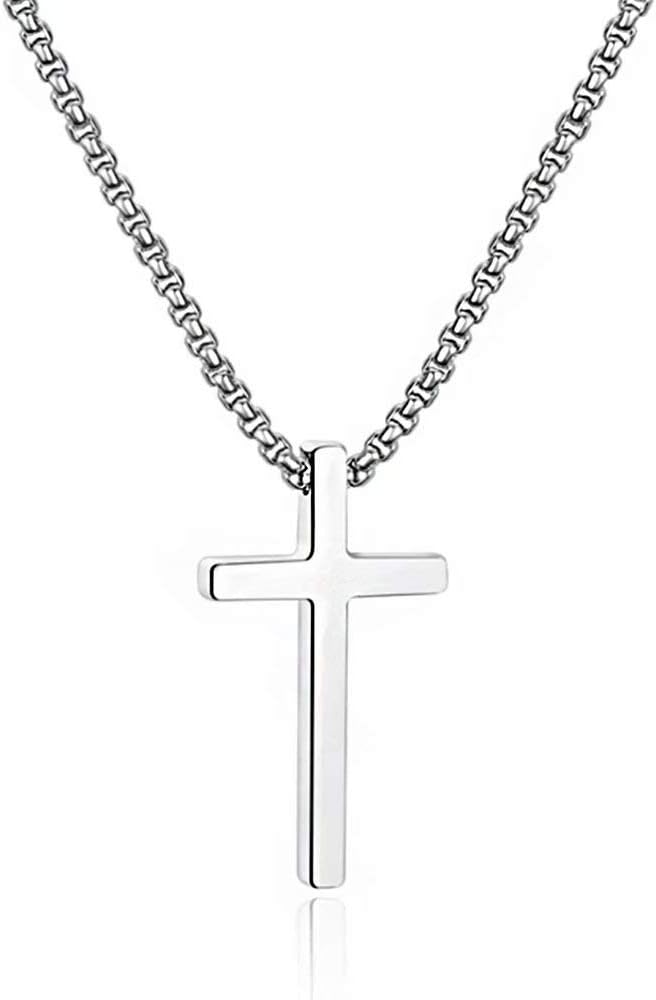 Cross Necklace for Men, Silver Black Gold Stainless Steel Plain Cross Pendant Necklace for Men Box Chain 16-30 Inch