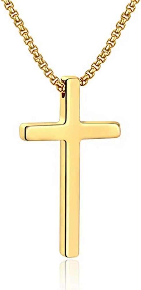 Cross Necklace for Men, Silver Black Gold Stainless Steel Plain Cross Pendant Necklace for Men Box Chain 16-30 Inch