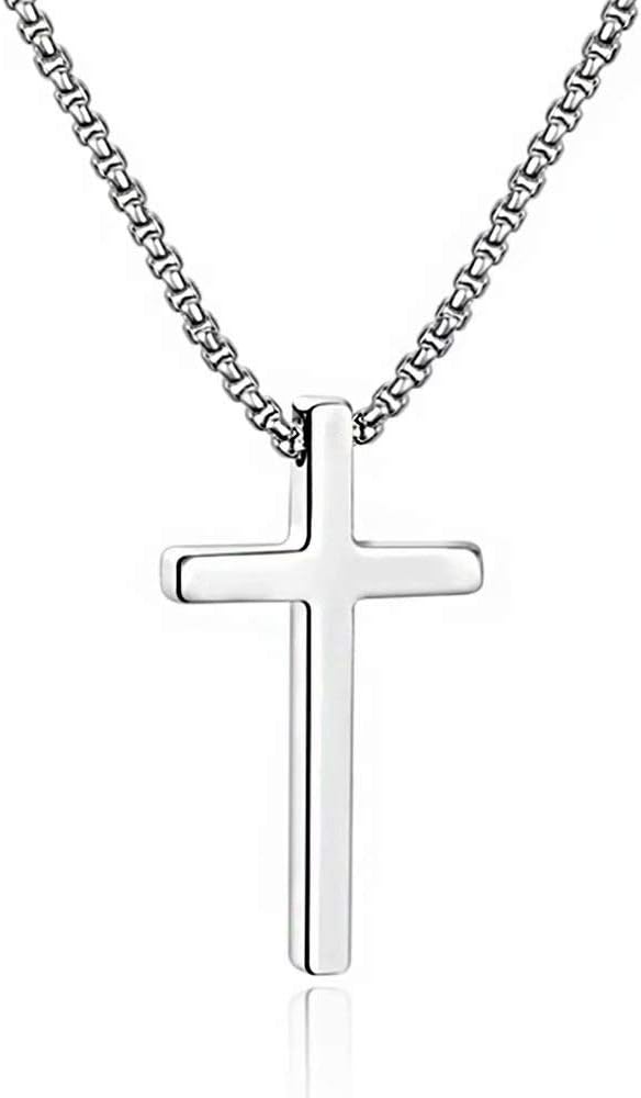 Cross Necklace for Men, Silver Black Gold Stainless Steel Plain Cross Pendant Necklace for Men Box Chain 16-30 Inch