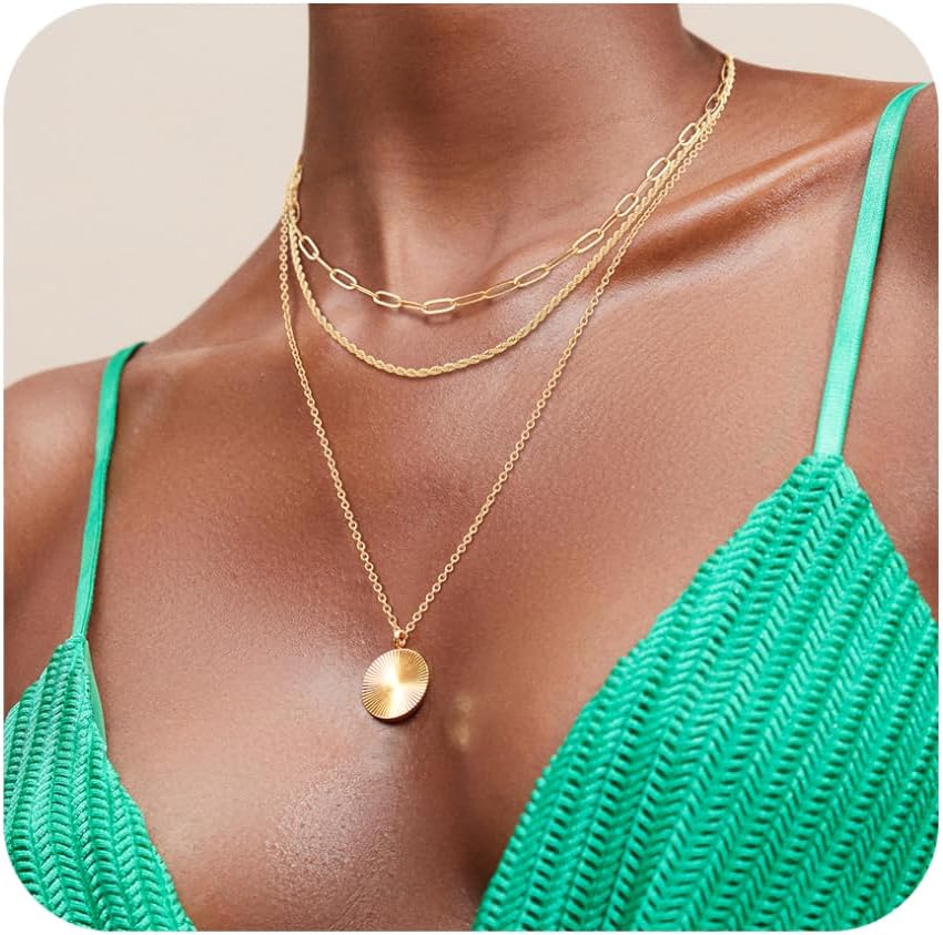Layered Gold Necklace for Women, 14K Gold Plated Necklace Stack for Women, Dainty Adjustable Gold Necklace Set