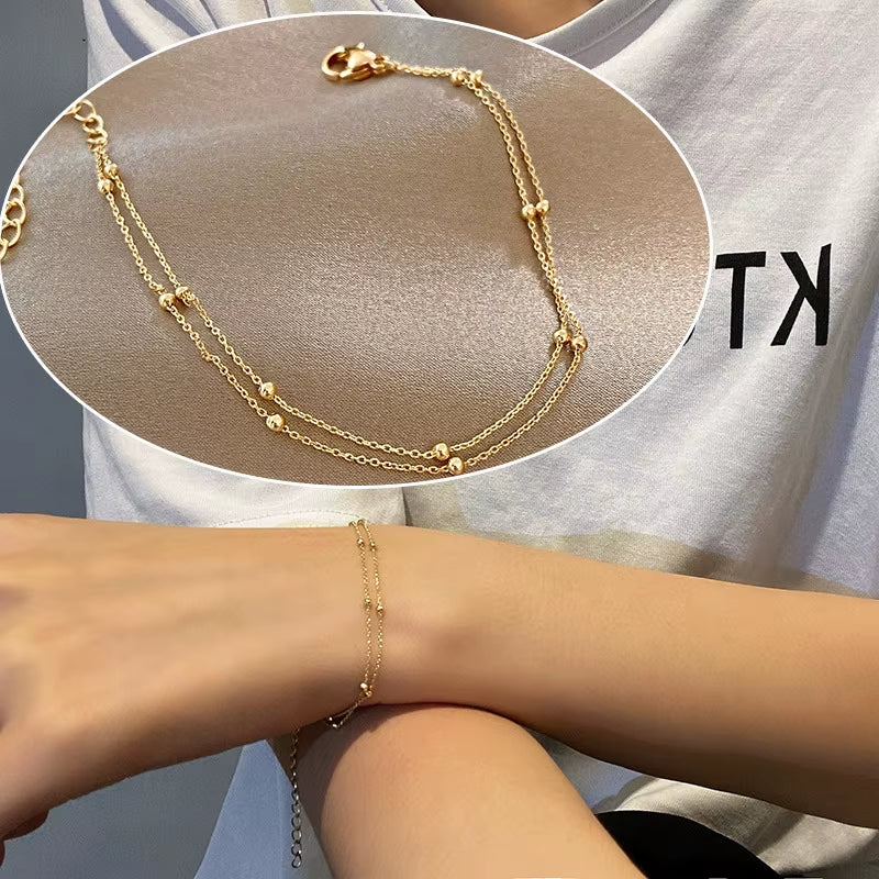 Fashionable 925 Sterling Silver Gold Small round Bead Bracelet for Women'S Retro Double-Layer Bracelet Birthday Jewelry Gift