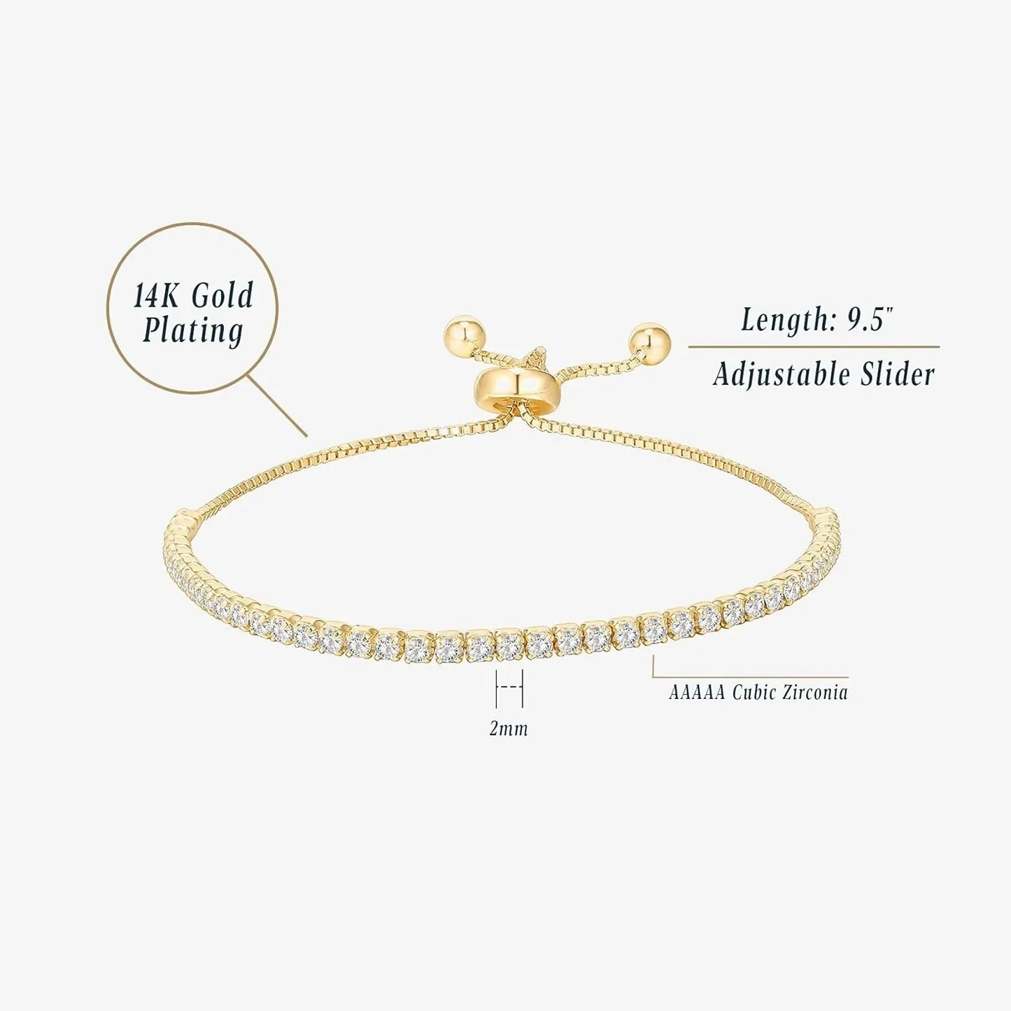 14K Gold Plated Cubic Zirconia Classic Tennis Bracelet for Women | Adjustable Slider| Gift for Women Trendy Bracelet for Women