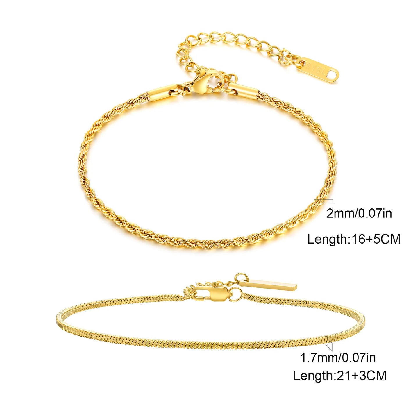 2Pcs/Set Thin Chain Bracelet for Men Boys,Stainless Steel Twisted Rope Chain Wristband,Adjustable Link Chains