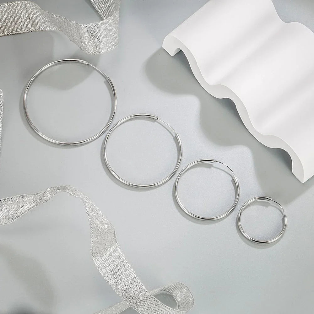 Genuine Sterling Silver Round Hoop Earrings for Women