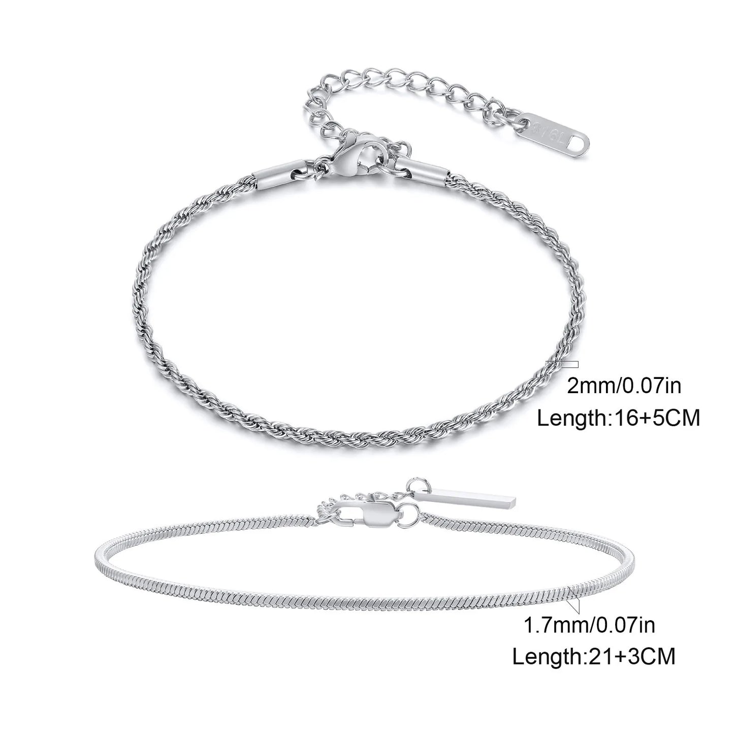 2Pcs/Set Thin Chain Bracelet for Men Boys,Stainless Steel Twisted Rope Chain Wristband,Adjustable Link Chains