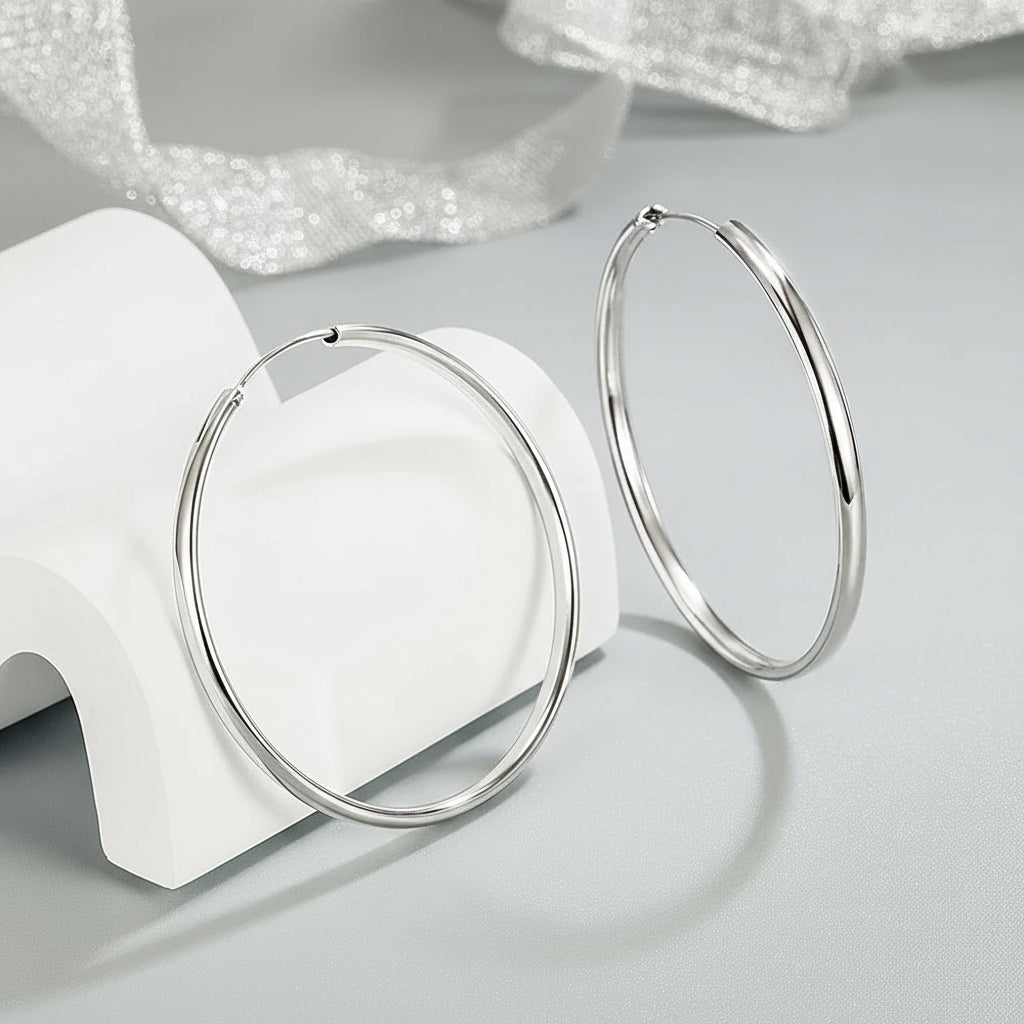 Genuine Sterling Silver Round Hoop Earrings for Women