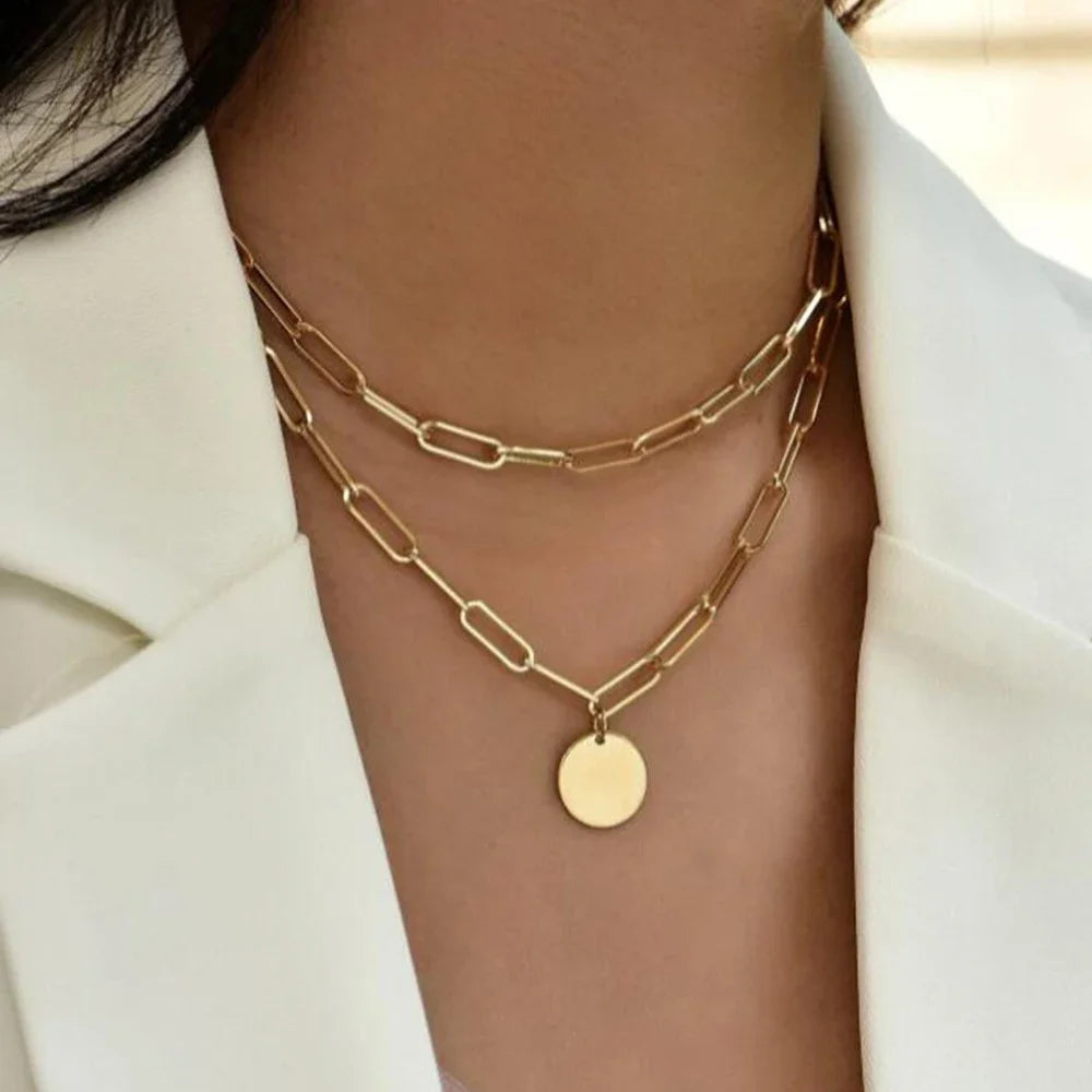 2024 New Fashion Vintage round Charm Layered Necklace Jewelry Clothing Aesthetic for Women Girls Pendant Gifts