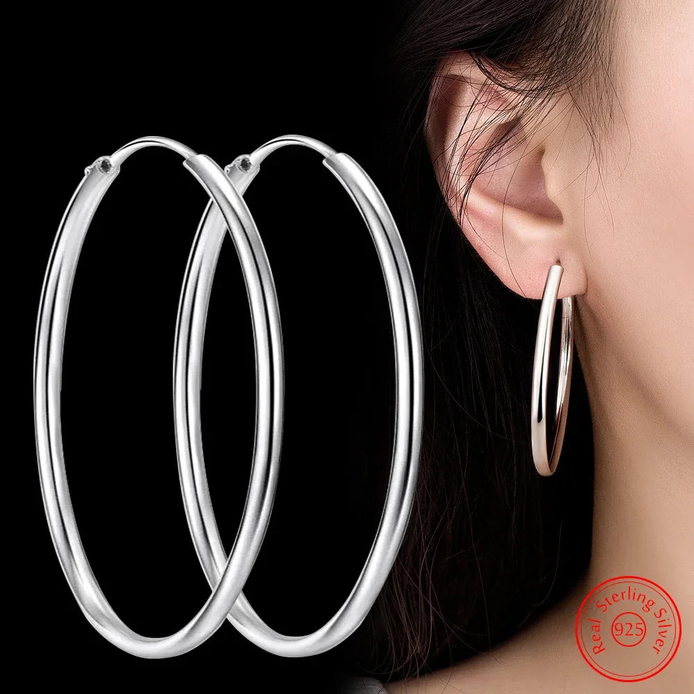 Genuine Sterling Silver Round Hoop Earrings for Women