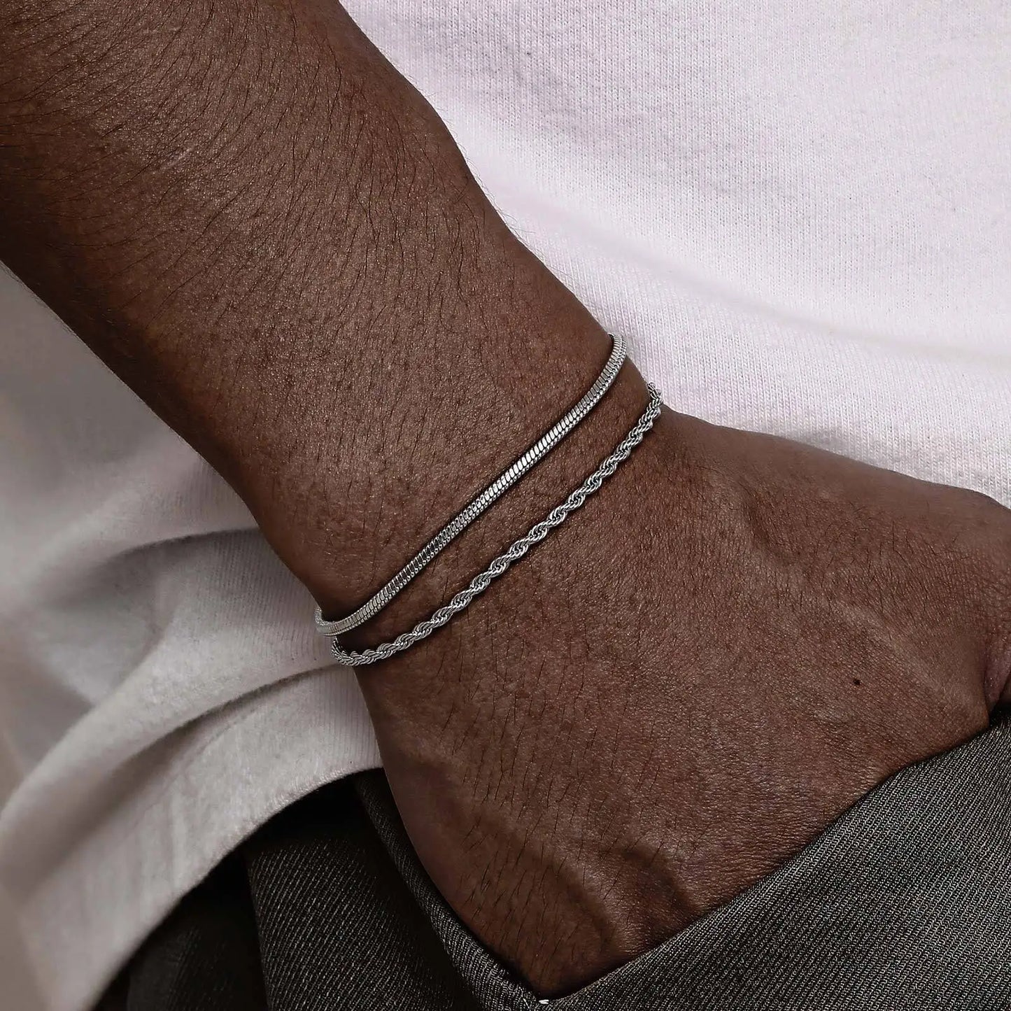 2Pcs/Set Thin Chain Bracelet for Men Boys,Stainless Steel Twisted Rope Chain Wristband,Adjustable Link Chains
