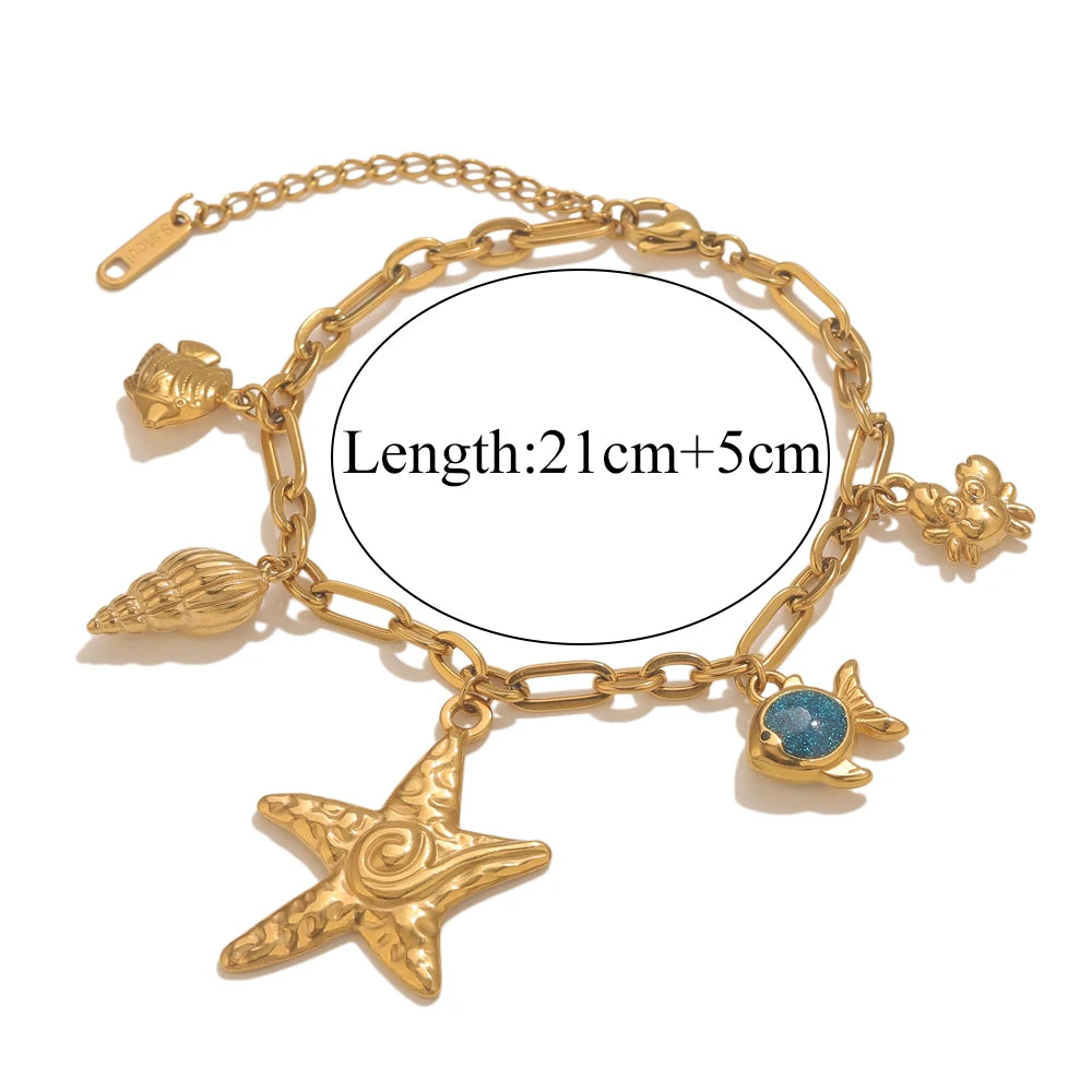 Stainless Steel Starfish Seashell Bracelet Gold-Plated Pendant Bracelets for Women Jewelry Waterprooftrendy Jewelry Gift