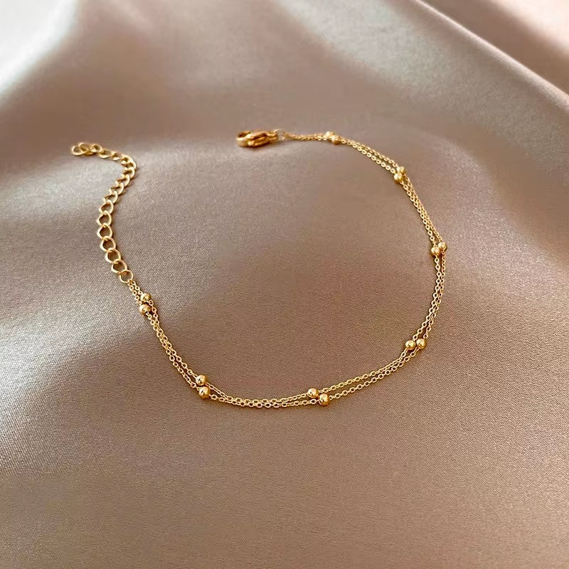 Fashionable 925 Sterling Silver Gold Small round Bead Bracelet for Women'S Retro Double-Layer Bracelet Birthday Jewelry Gift
