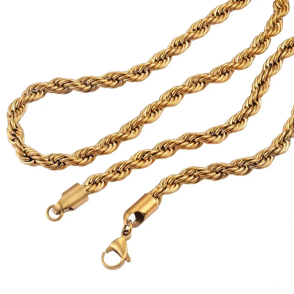 2.5MM 3MM 4MM 5MM 18K Real Gold Plated Stainless Steel Twist Rope Chain No Fade Necklace Jewelry for Men Women