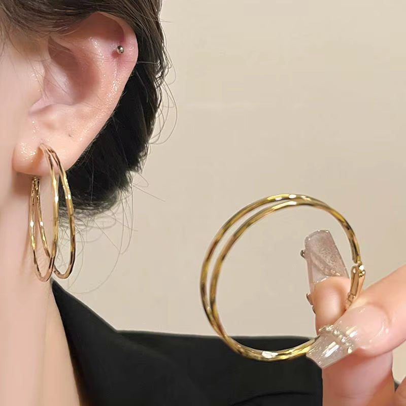 2025 New Trendy Silver Color Double Layer Circle Hoop Earrings for Women Exaggerated Metal Layer round Earrings Jewelry Gift