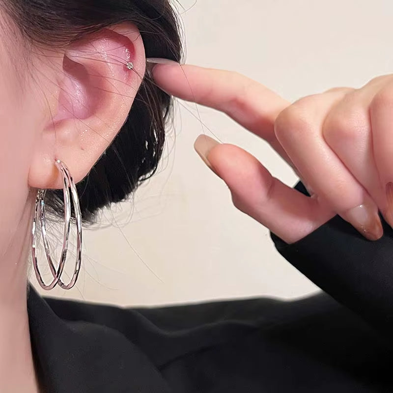 2025 New Trendy Silver Color Double Layer Circle Hoop Earrings for Women Exaggerated Metal Layer round Earrings Jewelry Gift