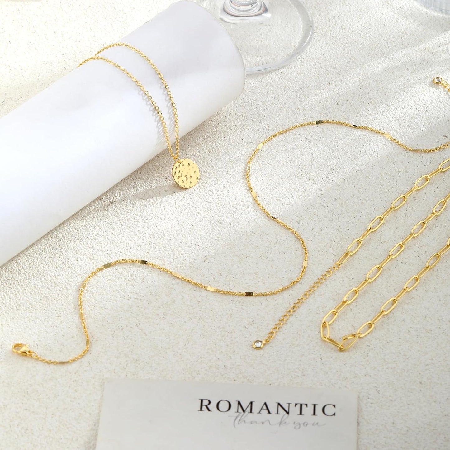 Layered Gold Necklace for Women, 14K Gold Plated Necklace Stack for Women, Dainty Adjustable Gold Necklace Set