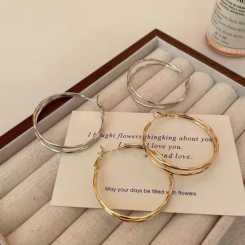 2025 New Trendy Silver Color Double Layer Circle Hoop Earrings for Women Exaggerated Metal Layer round Earrings Jewelry Gift
