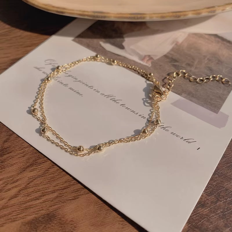 Fashionable 925 Sterling Silver Gold Small round Bead Bracelet for Women'S Retro Double-Layer Bracelet Birthday Jewelry Gift
