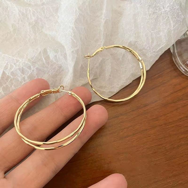 2025 New Trendy Silver Color Double Layer Circle Hoop Earrings for Women Exaggerated Metal Layer round Earrings Jewelry Gift
