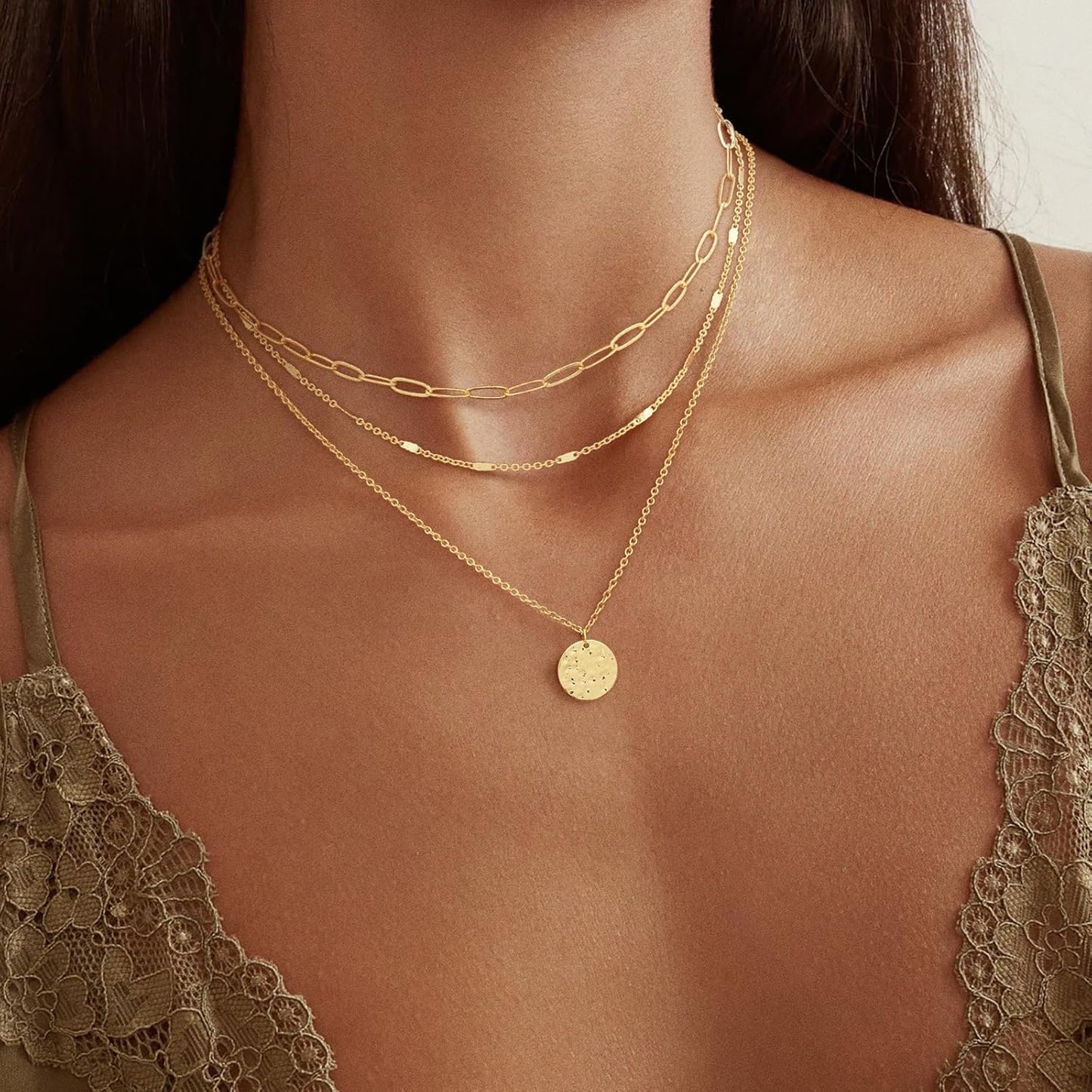 Layered Gold Necklace for Women, 14K Gold Plated Necklace Stack for Women, Dainty Adjustable Gold Necklace Set