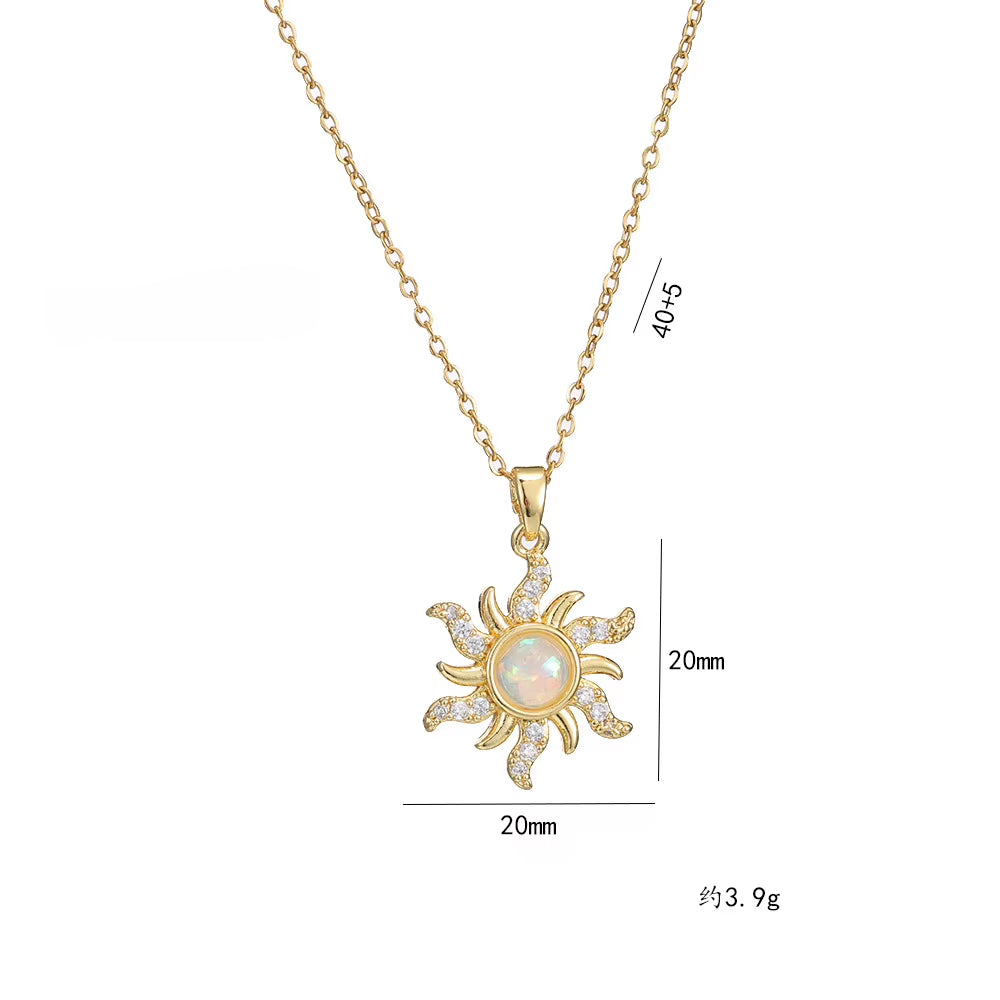Stainless Steel Sun Opal Pendant Necklace for Women Zircon Sunflower Choker Aesthetic Boho Clavicle Chain Fashion Jewelry Gift