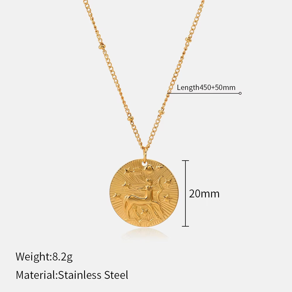 12 Zodiac Constellation Stainless Steel Necklace for Women Golden Amulet Vintage Plated round Coin Pendant Trendy Clavicle Chain