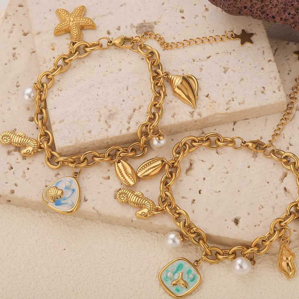 Stainless Steel Starfish Seashell Bracelet Gold-Plated Pendant Bracelets for Women Jewelry Waterprooftrendy Jewelry Gift