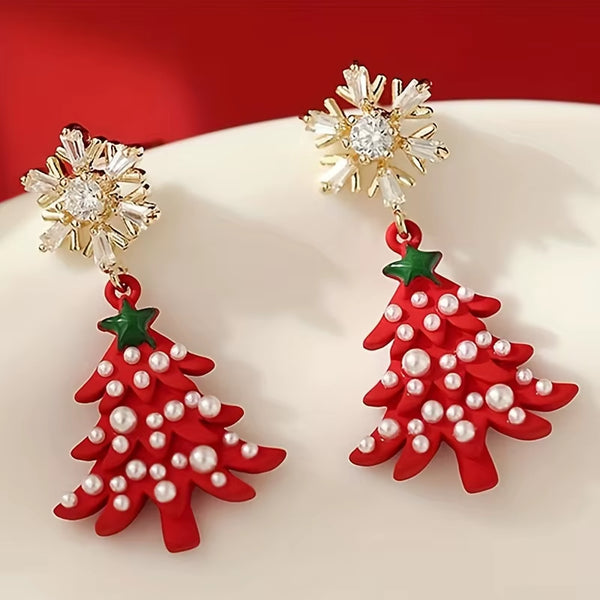 Luxurious Exquisite Fashionable Snowflake Inlaid Zircon Christmas Tree Shaped Pendant Earrings for Women'S Holiday Party Jewelry