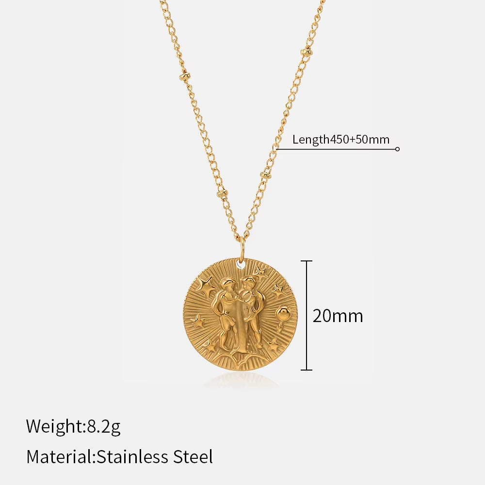12 Zodiac Constellation Stainless Steel Necklace for Women Golden Amulet Vintage Plated round Coin Pendant Trendy Clavicle Chain