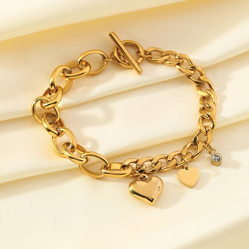 316L Stainless Steel Gold Color Bracelet Bangle Jewelry Charm Metal Texture 18 K Plated Heart Wrist Chain for Women
