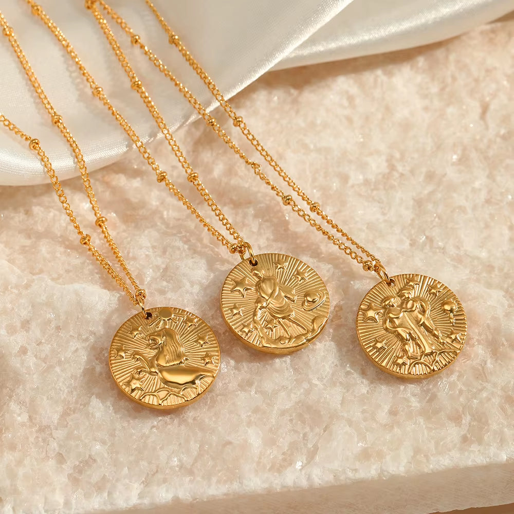 12 Zodiac Constellation Stainless Steel Necklace for Women Golden Amulet Vintage Plated round Coin Pendant Trendy Clavicle Chain