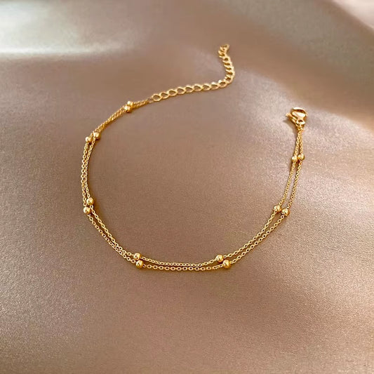 Fashionable 925 Sterling Silver Gold Small round Bead Bracelet for Women'S Retro Double-Layer Bracelet Birthday Jewelry Gift