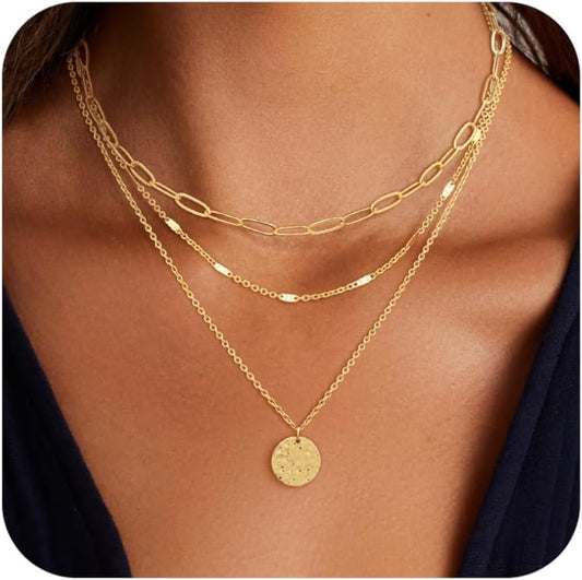 Layered Gold Necklace for Women, 14K Gold Plated Necklace Stack for Women, Dainty Adjustable Gold Necklace Set