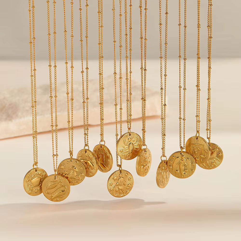 12 Zodiac Constellation Stainless Steel Necklace for Women Golden Amulet Vintage Plated round Coin Pendant Trendy Clavicle Chain