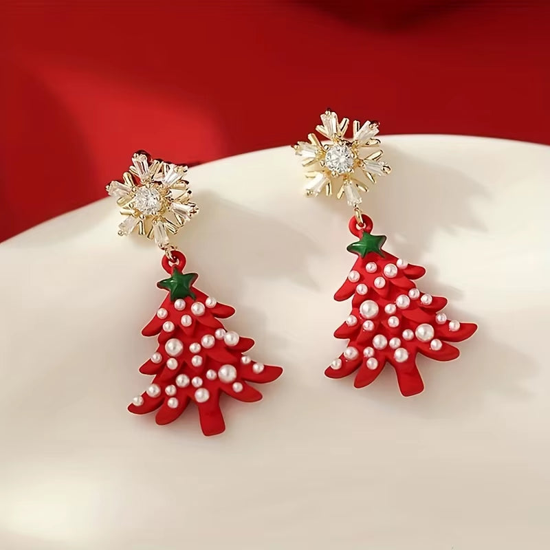 Luxurious Exquisite Fashionable Snowflake Inlaid Zircon Christmas Tree Shaped Pendant Earrings for Women'S Holiday Party Jewelry