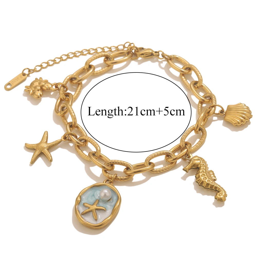 Stainless Steel Starfish Seashell Bracelet Gold-Plated Pendant Bracelets for Women Jewelry Waterprooftrendy Jewelry Gift