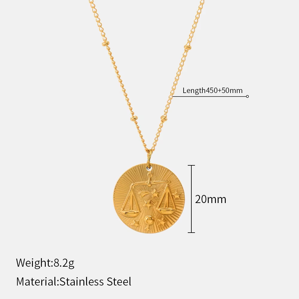 12 Zodiac Constellation Stainless Steel Necklace for Women Golden Amulet Vintage Plated round Coin Pendant Trendy Clavicle Chain