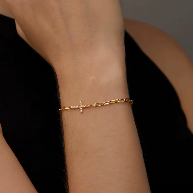 Dainty Crystal Rhinestone Cross Charm Bracelet Gold Plated Stainless Steel Chain Bracelets for Women Jewelry