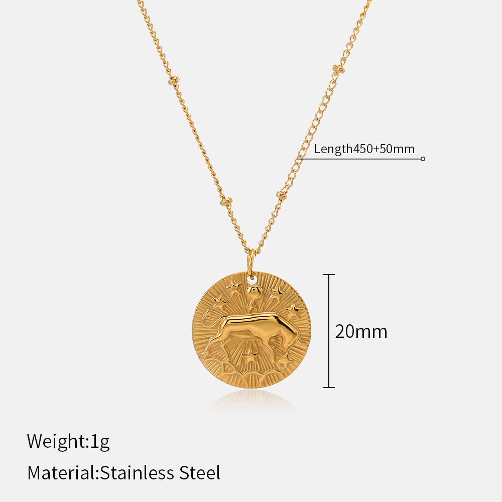 12 Zodiac Constellation Stainless Steel Necklace for Women Golden Amulet Vintage Plated round Coin Pendant Trendy Clavicle Chain