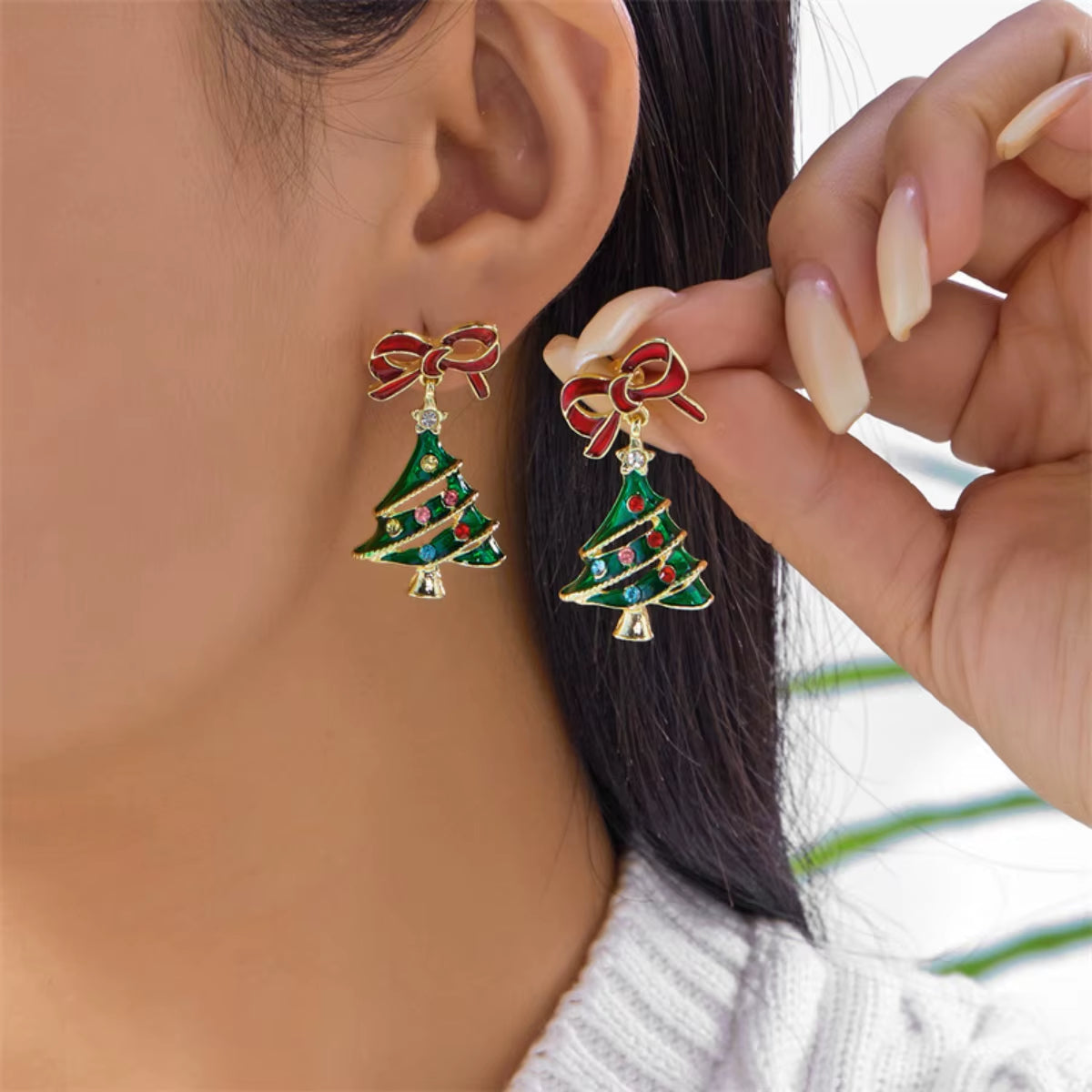 Christmas Red Bowknot Colorful Rhinestone Enamel Tree Drop Earrings Xmas Tree Holiday Dangle Earring Jewelry Gift for Women Men