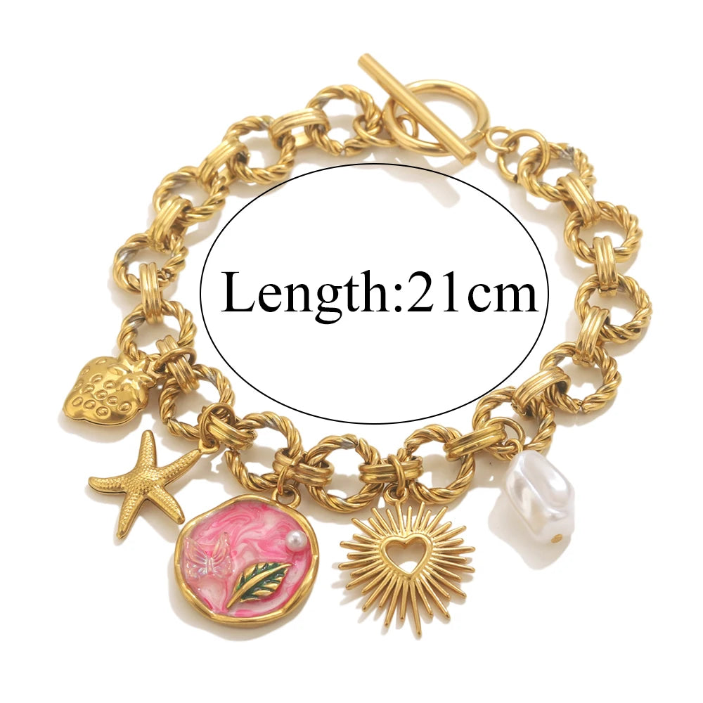 Stainless Steel Starfish Seashell Bracelet Gold-Plated Pendant Bracelets for Women Jewelry Waterprooftrendy Jewelry Gift
