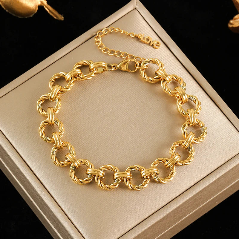 316L Stainless Steel Gold Color Bracelet Bangle Jewelry Charm Metal Texture 18 K Plated Heart Wrist Chain for Women