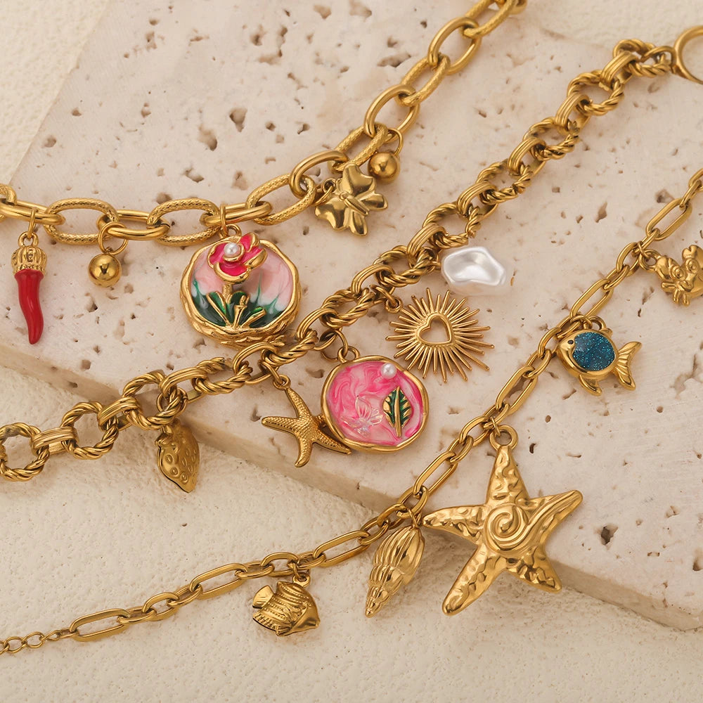 Stainless Steel Starfish Seashell Bracelet Gold-Plated Pendant Bracelets for Women Jewelry Waterprooftrendy Jewelry Gift