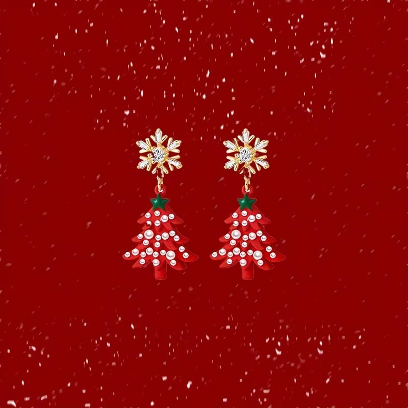 Luxurious Exquisite Fashionable Snowflake Inlaid Zircon Christmas Tree Shaped Pendant Earrings for Women'S Holiday Party Jewelry