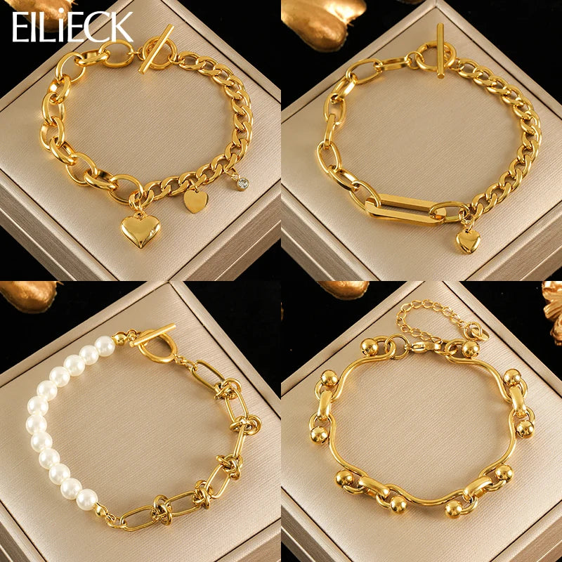 316L Stainless Steel Gold Color Bracelet Bangle Jewelry Charm Metal Texture 18 K Plated Heart Wrist Chain for Women