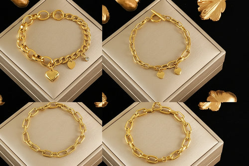 316L Stainless Steel Gold Color Bracelet Bangle Jewelry Charm Metal Texture 18 K Plated Heart Wrist Chain for Women