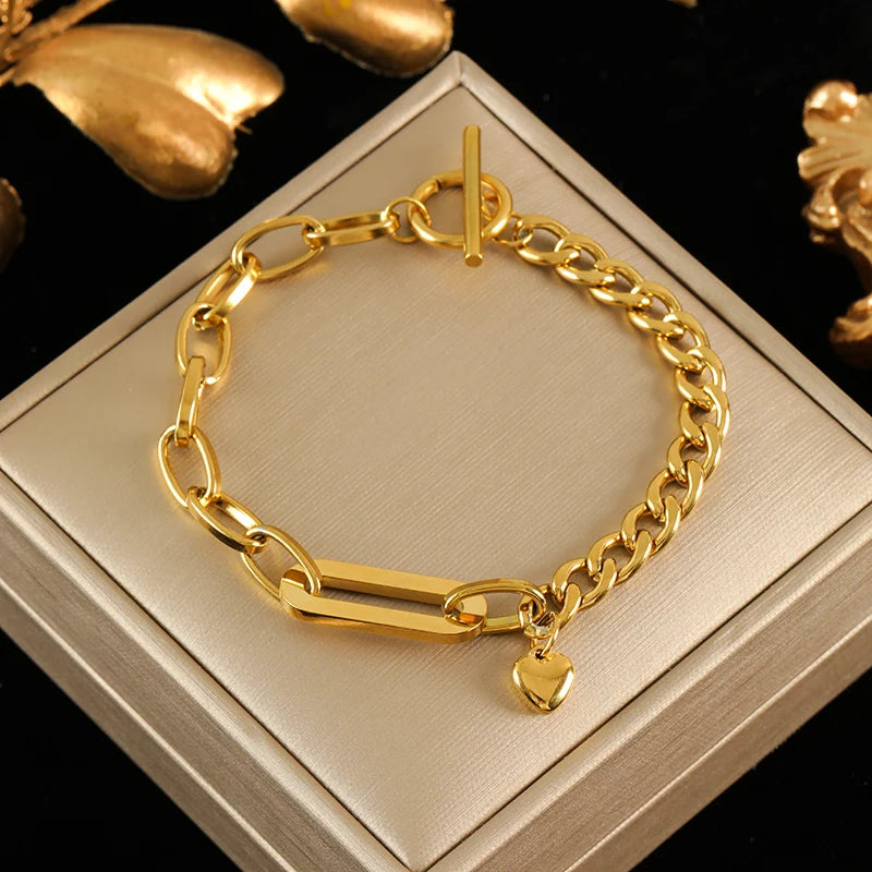 316L Stainless Steel Gold Color Bracelet Bangle Jewelry Charm Metal Texture 18 K Plated Heart Wrist Chain for Women